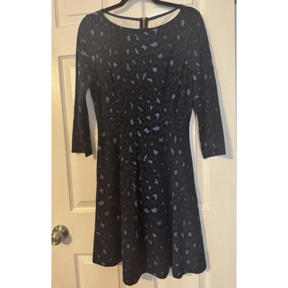 Kate Spade Dress S Small Blue Black Leopard Print Short Sleeve Washable NEW